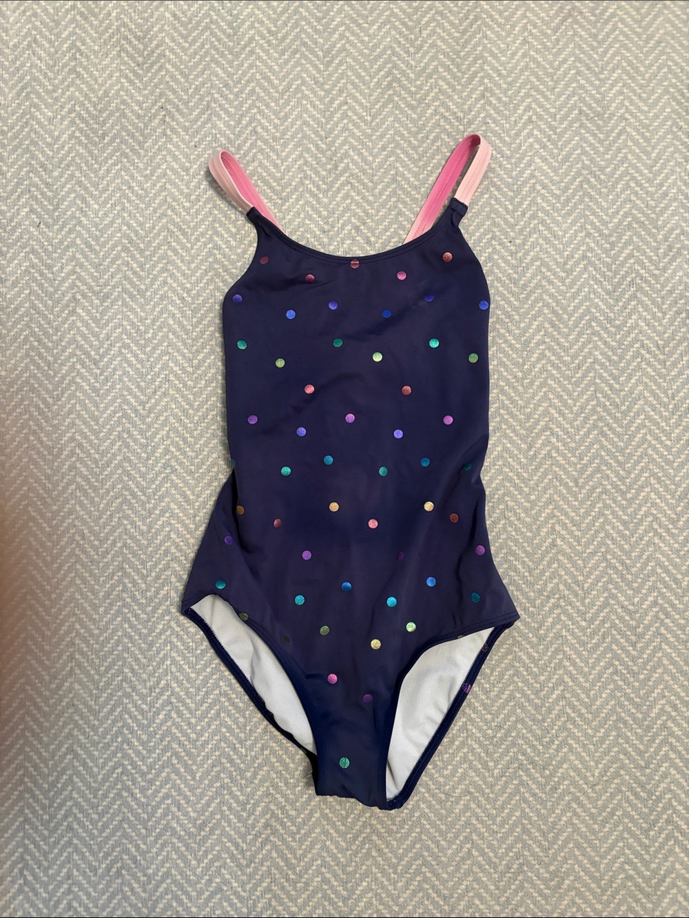 Mini Boden Navy One-Piece Swimsuit with Pink Straps and Multicolor Dots